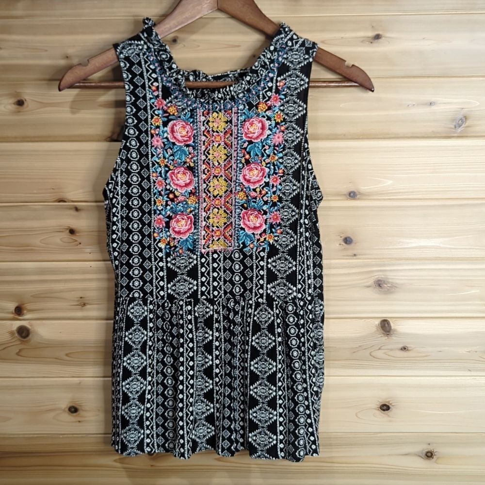 Savanna Jane Womens Top Small Black Printed and‎ Embroidery Sleeveless Blouse